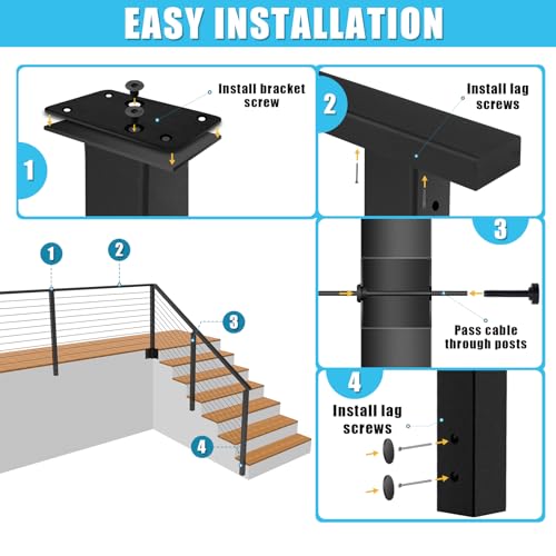 36" Fascia Mount Cable Railing Post Kit,Including 4 Black Railing Posts,250ft Cable, 10 Sets Terminal, 60 Cable Grommets(No Handrail) - size: 4 Line Posts Kit