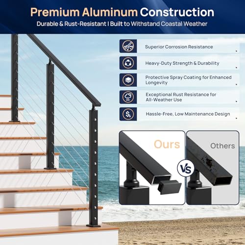8FTx 2"x1" Aluminum Black Handrail with Self Drilling Screw Nylon End Caps - size: 8FT