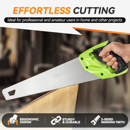 Auto Dynasty 17" Wood Handsaw Hand Cuts Hardpoint Hand Saw Fine-Cut with Non-Slip Comfort Grip for Sawing, Trimming, Gardening, Cutting Wood, Drywall, Plastic Pipes, Sharp Blade, Green - style: 17" Hand Saw