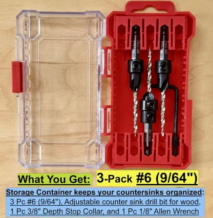 FTG USA 3-Pk #6 (9/64") Countersink Drill Bit Set, 1 Stop, 1 Wrench & Case - size: #6, style: 3 Pc with Depth Stop and Case