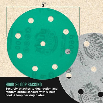 Dura-Gold 600 Grit 5" Green Film Sanding Discs, 9-Hole Pattern, Box of 50 - style: 600 Grit