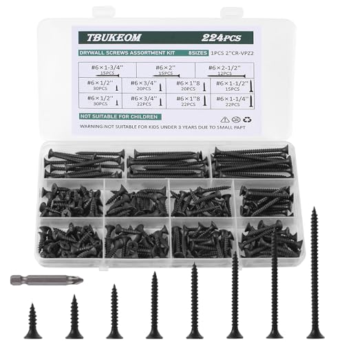 #6 Flat Head Wood Screws Kit 224Pcs Self-Tapping Black - color: Black 224 Pcs