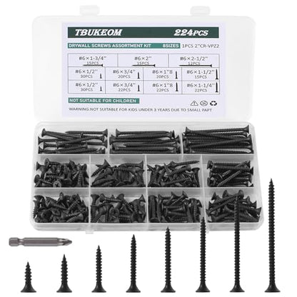 #6 Flat Head Wood Screws Kit 224Pcs Self-Tapping Black - color: Black 224 Pcs