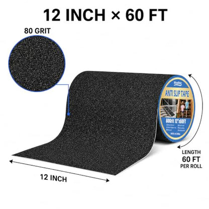 Black Anti Slip Tape, 12 in x 60 ft, 80 Grit Traction Tape - color: Black, size: 12" X 60FT