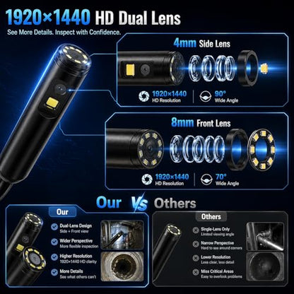 Endoscope Camera with Light 1920P HD Borescope Inspection Camera for Android & iPhone, Semi-Rigid Snake Cable with 8 LEDs, Waterproof for Sewer Pipe Automotive Inspection (1m / 3.28FT, Dual Lens) - size: 1m / 3.28FT