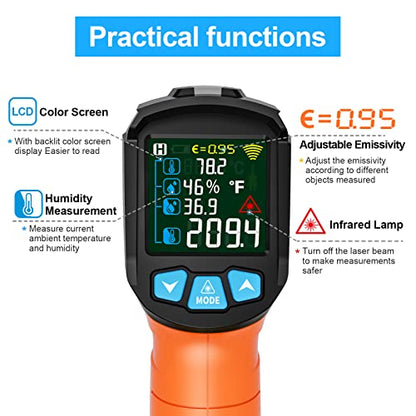 Infrared Thermometer Gun, Non Contact Digital Laser Thermometer Temperature Gun with Color LCD for Cooking, Home Repairs, Humidity Measurement, Adjustable Emissivity -58°F to 1472°F(-50~800°C) - color: Orange -58°F - 1472°F(-50-800℃)