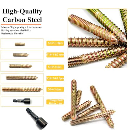 31 Pack 5/16-18" Hanger Bolts 5Sizes 1-3 Inch Include1 pcs Hanger Bolt Driver Double Headed Bolts Wood Dowel Screw Self-Tapping Screw Hanger Bolt for Furniture Screws Wood Screws Double Threaded - size: 5 Size 5/16-18"-30P+Tool