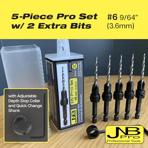 Countersink Drill Bit Set – 5pc Self-Centering Woodworking Bits with 4 Flutes, M2 HSS Material, 1/4" Hex Change, Depth Collar, Includes 2 Free Tapered Bits for Precision Drilling – #6 (9/64") - style: 5 Pc #6(9/64")