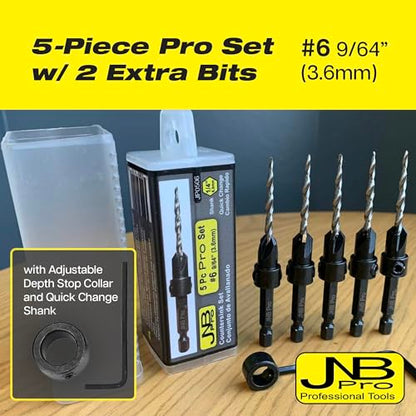 Countersink Drill Bit Set – 5pc Self-Centering Woodworking Bits with 4 Flutes, M2 HSS Material, 1/4" Hex Change, Depth Collar, Includes 2 Free Tapered Bits for Precision Drilling – #6 (9/64") - style: 5 Pc #6(9/64")