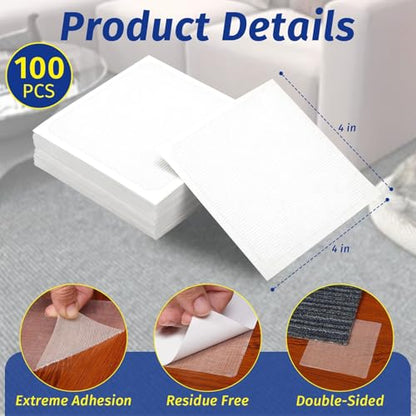 Carpet Tile Tape Double Sided, 4 x 4 Inches 100 Tabs, Rug Tape Grippers for Indoor Outdoor Use, Non Slip Adhesive for Area Rugs on Hardwood, Vinyl, Concrete Floors, Residue Free