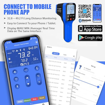 Pyrometer AI-1600APP, -58℉~2912℉ High Temp Thermometer Gun D:S=30:1 Dual Laser Industrial ir Thermometer Gun w/Touch Buttons, Rechargeable Can be Connected to Phone APP (NOT for Human Temp) - color: Dark blue
