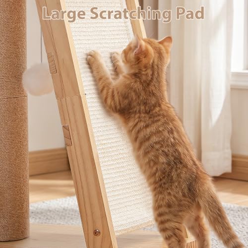 27.5" 3-in-1 Natural Pine Wood Cat Scratching Post for Small Medium Cats - size: Medium