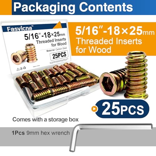 25PCS 5/16"-18 x 25mm Threaded Inserts for Wood, Hex Drive Nuts - size: 5/16"-18 x 25mm