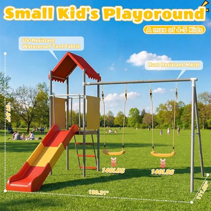 Mersco Playground Sets for Backyards, 440lbs Metal Heavy Duty Sturdy Swing Set with Slide & 2 Swing Seats, Upper Deck with Canopy, Outdoor Swing Sets for Backyard, for Kids