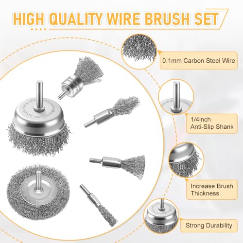 10Pcs Wire Brush Drill Set, 0.1mm Carbon Steel Bristles, 1/4 Inch Round Shank, Heavy Duty Cup/Wheel/Pen Brush for Rust Removal, Paint Stripping, Deburring