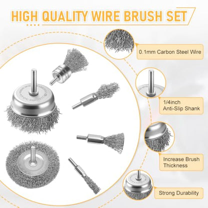 10Pcs Wire Brush Drill Set, 0.1mm Carbon Steel Bristles, 1/4 Inch Round Shank, Heavy Duty Cup/Wheel/Pen Brush for Rust Removal, Paint Stripping, Deburring