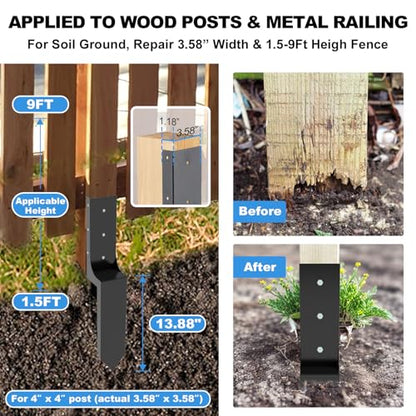 Thicker Fence Post Repair Kit-Heavy Duty Metal Steel 4''x4'' (Actual 3.58"x3.58") Fence Repair Stake-Anchor Ground Spike-Support Bracket Mender for Tilted Broken Wood-Powder-Coated Post Stabilizer
