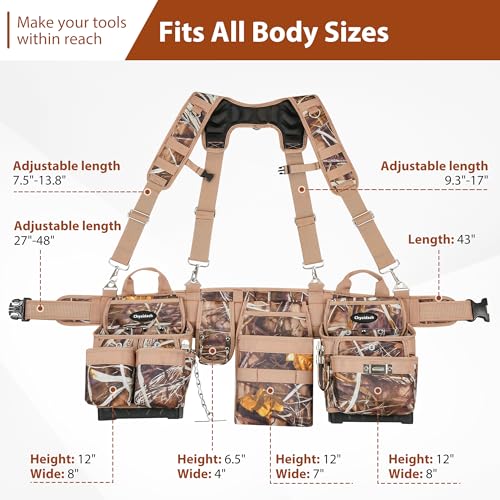 Chyaidach Camo 7 Piece Tool Belts for Men with Suspenders & Hard Bottom Pouches & Air Channel Support, Construction Tool Belt Framing Combo Heavy Duty Tool Rig for Carpenter Electrician Framer Roofing