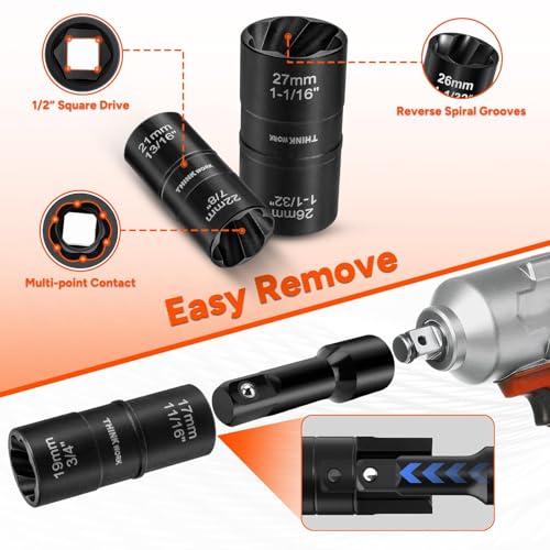 5-Piece Lug Nut Removal Tool, 1/2 Inch Drive Lug Nut Extractor Set - size: W6227-5-PCS