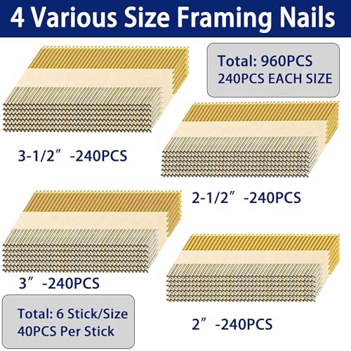 HW HAMWOO 34°Framing Nails,Ring Shank,2",2-1/2",3",3-1/2":960Pcs