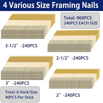 HW HAMWOO 34°Framing Nails,Ring Shank,2",2-1/2",3",3-1/2":960Pcs
