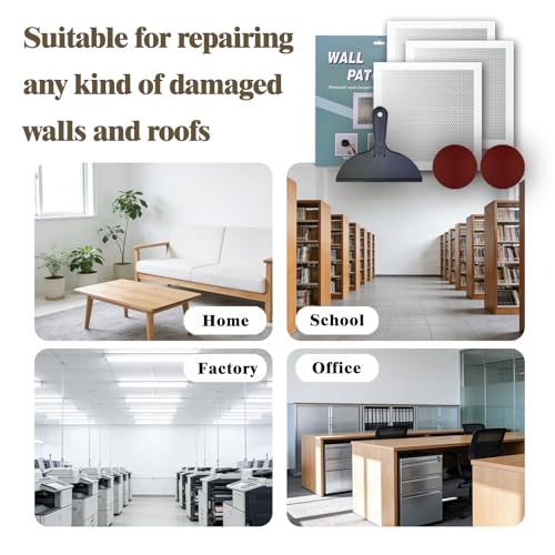 Drywall Repair Kit, 3 Pcs, 12x12in Self-Adhesive Patch with Sandpapers and Scrapers, Quick Fix for Large Holes, Cracks, Ceiling, Bathroom Wall Damage