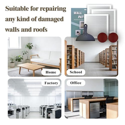 Drywall Repair Kit, 3 Pcs, 12x12in Self-Adhesive Patch with Sandpapers and Scrapers, Quick Fix for Large Holes, Cracks, Ceiling, Bathroom Wall Damage