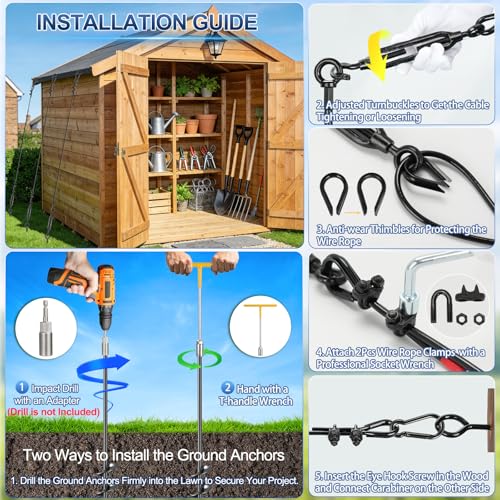 Shed Anchor Kit, All-Black Ground Anchor w/Wire Rope & Fasteners