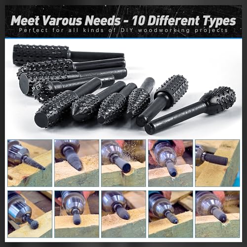 10Pcs Woodworking Twist Drill Bits, Wood Carving Rasp Drill Bits 1/4" Shank