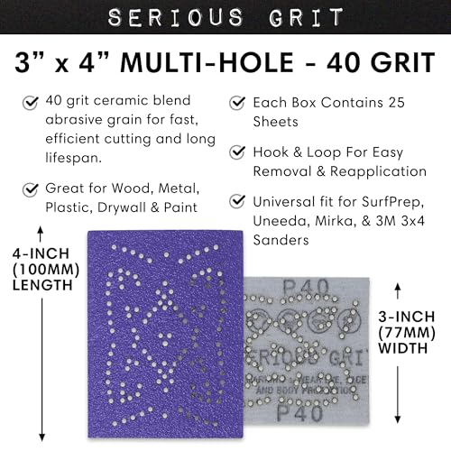 Serious Grit - 3x4 P40 Grit Ceramic Multi-Hole Sanding Sheets - 25 Pack - style: 40 Grit