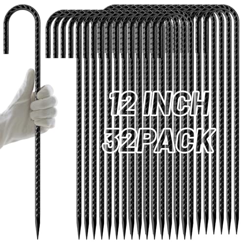 AAGUT Rebar Stakes 12 Inch J Hook, Premium Anti-Rust Tent Stakes for Canopy - color: Black J-12 Inch-Φ1/4", size: 32pcs