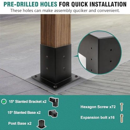 15° Pergola Brackets, 2 Pack Slanted Roof Woodworks Pergola Kit for 4x4'' - size: 2P 15° 3-Way Bracket +2P 15° Base +2P Base