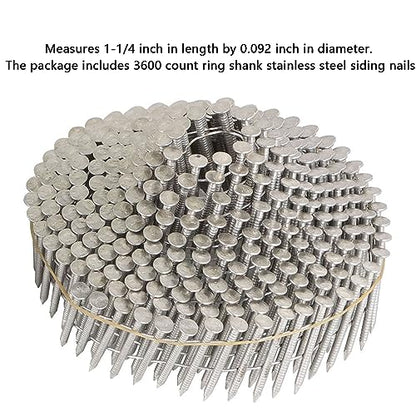 GXYWADY 3600Pcs 1-1/4 x 0.09 Inch Coil Roofing Ring Shank Siding Nails 15 Degree Coiled Nails, 304 Stainless Steel Wall Nails, Small Cap Coil Nails - size: 1-1/4x0.09