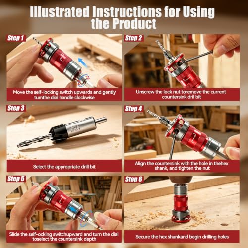14 Pcs Countersink Drill Bit Set, self-Locking Device Quick-Adjust