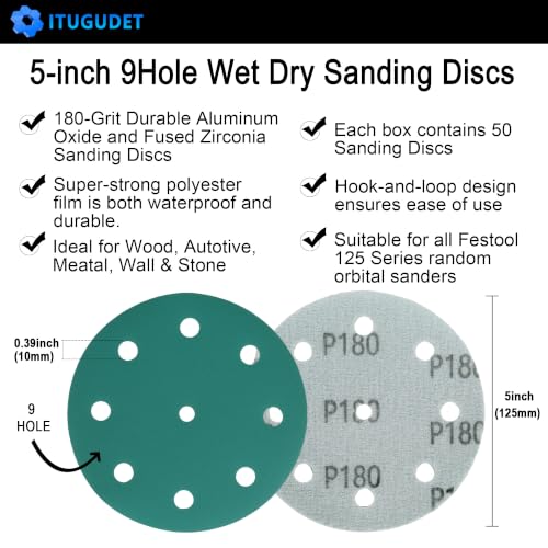 5 Inch 9 Hole Wet Dry P180 Grit Sanding Discs - 50 Pack Box - size: 180 Grit