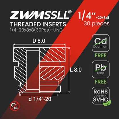 1/4"-20 Heat Set Threaded Inserts,30 Pieces 1/4"-20x8x8 Heat Set Insert for 3D Printing Components and Plastic Parts,Brass Knurled Nuts - size: 1/4"-20x8x8