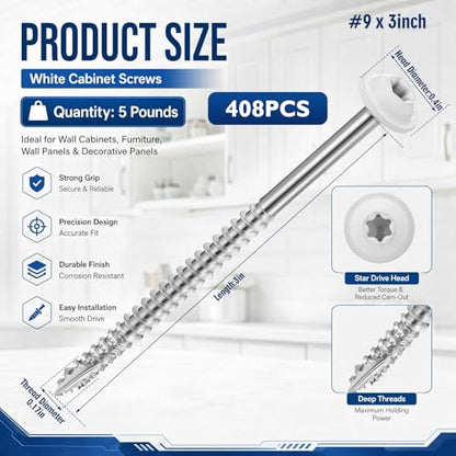 Tudomro 5 Pound White Cabinet Screws Bulk #9 X3'' Approx. 408 Pcs - size: #9 x3 Inch