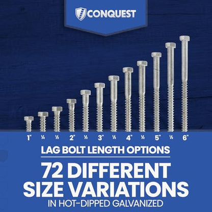 Conquest 1/4"-10 x 3-1/2" Lag Bolts, Hot Dip Galvanized, Coarse Threads Hex Head, Corrosion-Resistant for Outdoor, Wood, and Structural Projects (25 Pack) - size: 1/4"-10 x 3-1/2"
