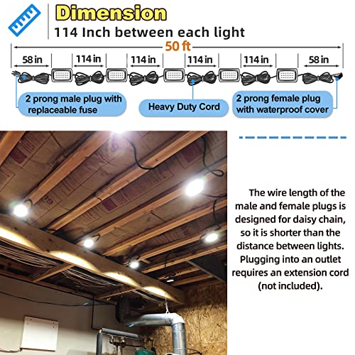 Owleye 50FT Led Work Light 85W 8000LM Waterproof Construction String Lights Linkable Temporary Work Lighting Outdoor Indoor Worklight (5 Light Heads) - size: 50 Ft, 1 pack