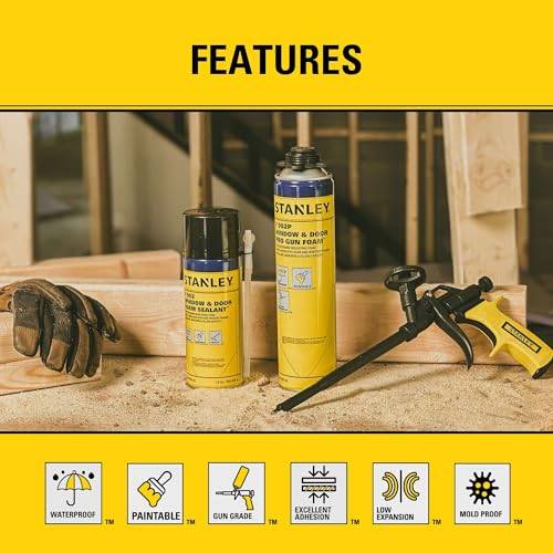 Stanley F902P Window & Door Pro Gun Sealant (12x24 Oz.) – Low Expansion Polyurethane Spray Foam Insulation for Window & Door, High-Yield Waterproof Gap Filler | Includes Gun & Cleaner | 24 Oz. 12 Pack - color: SET