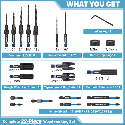 KEENTECH 22-piece Tapered Countersink Drill Bit Set with Wood Plug Cutters