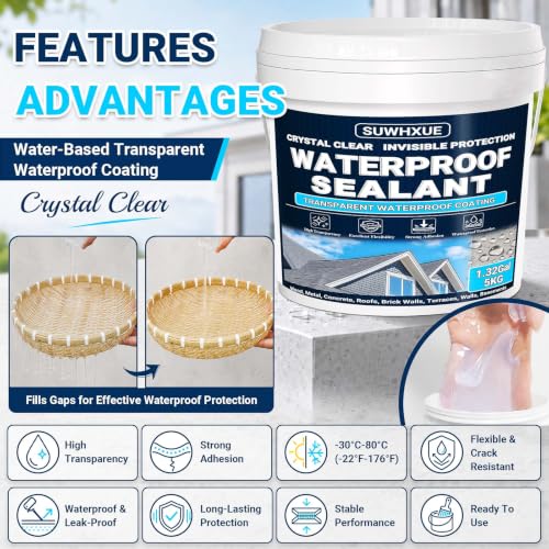 Clear Waterproof Sealant, SUWHXUE 1.32Gal/5KG Water-Based Transparent Waterproof Leak Repair Coating, Invisible Flexible Sealant for Concrete Walls Wood Metal Roof Water Sealer Indoor & Outdoor - size: 1.32 Gal