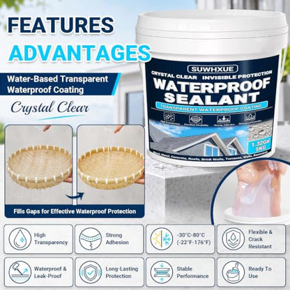 Clear Waterproof Sealant, SUWHXUE 1.32Gal/5KG Water-Based Transparent Waterproof Leak Repair Coating, Invisible Flexible Sealant for Concrete Walls Wood Metal Roof Water Sealer Indoor & Outdoor - size: 1.32 Gal