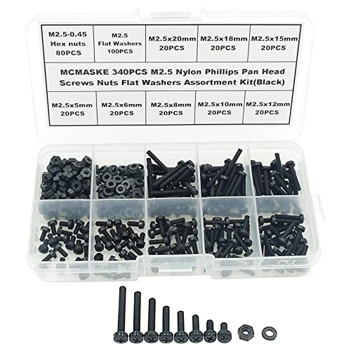 340PCS M2.5 Black Nylon Phillips Pan Head Screws Nuts Washers Kit - size: M2.5