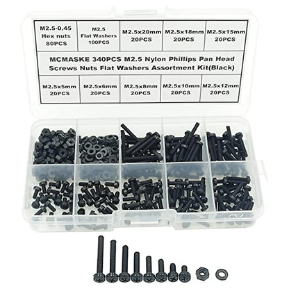 340PCS M2.5 Black Nylon Phillips Pan Head Screws Nuts Washers Kit - size: M2.5