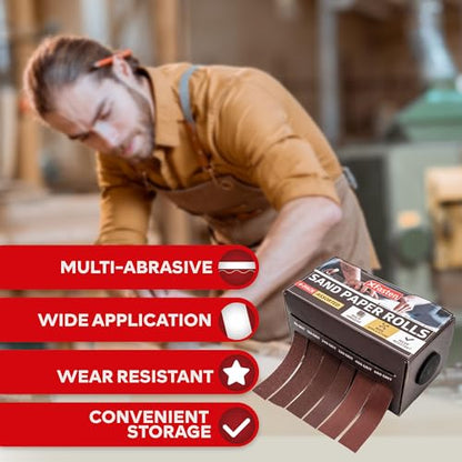 XFasten 6 Grits Sandpaper Assortment Rolls 80 150 240 320 400 600 Grit Abrasive Sand Paper Roll Set Compact Multi Roll Sandpaper Dispenser Sanding Cloth for Wood, Sand Cloth 6m (118 Feet Total)