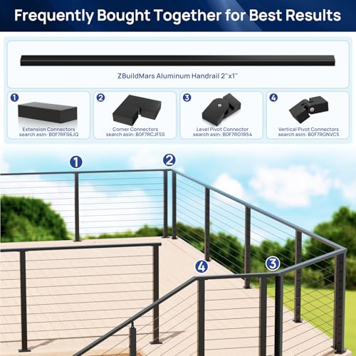 8FTx 2"x1" Aluminum Black Handrail with Self Drilling Screw Nylon End Caps - size: 8FT