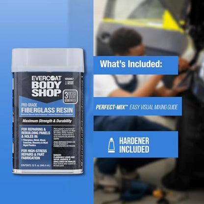 Evercoat Body Shop 105006 Pro-Grade Fiberglass Resin for Repairing and Rebuilding Panels & Holes in Fiberglass, Metal, Wood & More, Easy Mix Hardener Included 128 Fl Oz. - size: 128 Fl Oz.