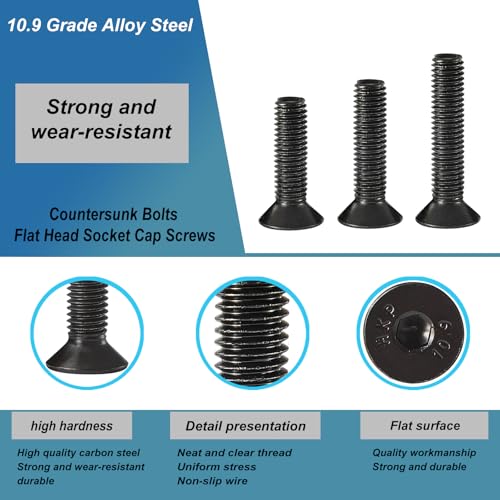 M5 x 30mm 35mm 40mm 45mm 50mm Flat Head Hex Socket Cap Screws Countersunk Bolts, 10.9 Grade Alloy Steel, Black Oxide Finish, Metric Allen Hex Drive, Fully Threaded, Assortment Kit 50Pcs - size: M5x30/35/40/45/50 mm