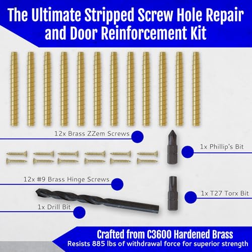 Brass 12-Pack #9 x 3 Permanent Stripped Door Hinge Screw Hole Repair Kit
